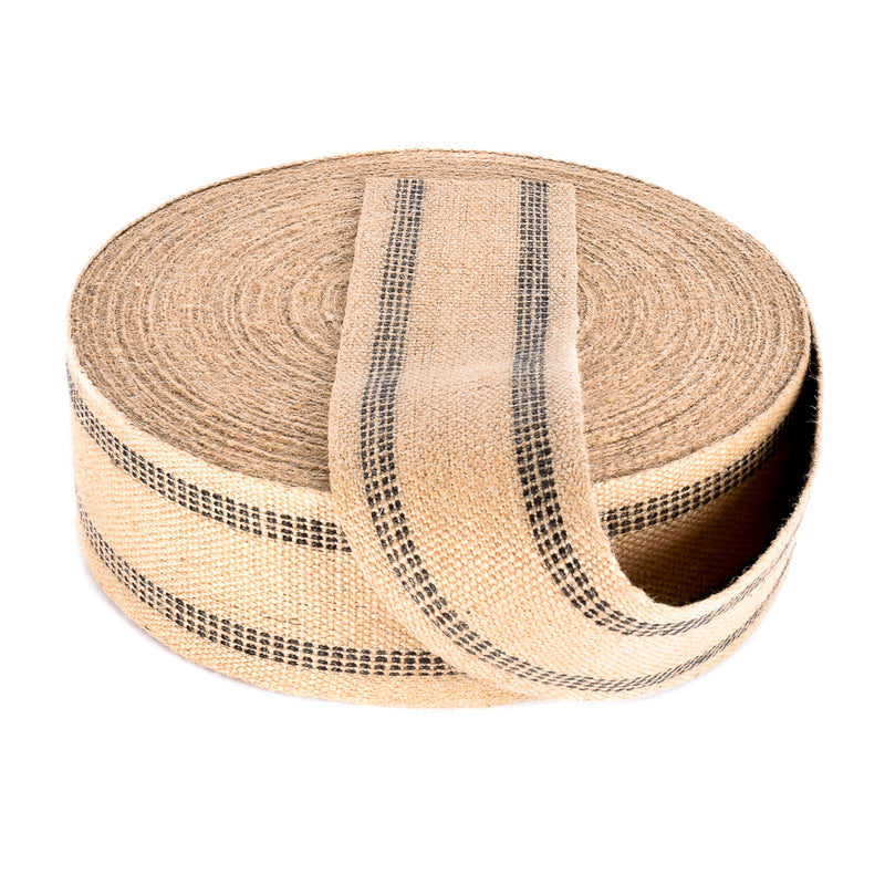 Jute Webbing (Burlap), 3.5" X 72 Yards - Natural w/Black Stripes