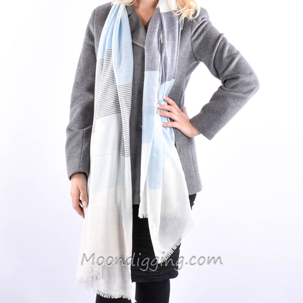 Stylish 100% Fine Wool Woven Scarf Selection Creamy Blue Skies