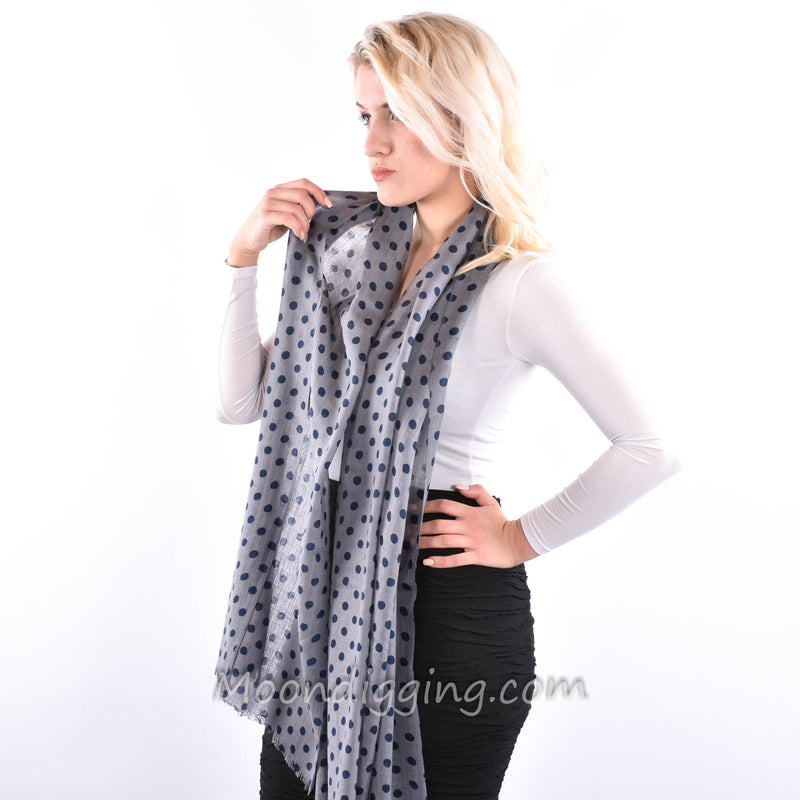 Stylish 100% Fine Wool Woven Scarf Selection Grey/Blue Polka Dots
